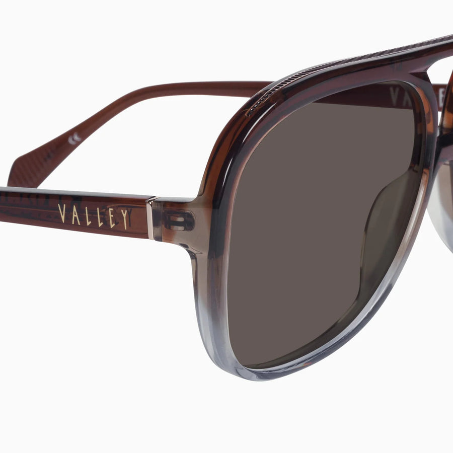 VALLEY EYEWEAR - Bang Bang Transparent Chocolate Fade to Crystal w. Gold Metal/Dark Orange Gradient Lens.