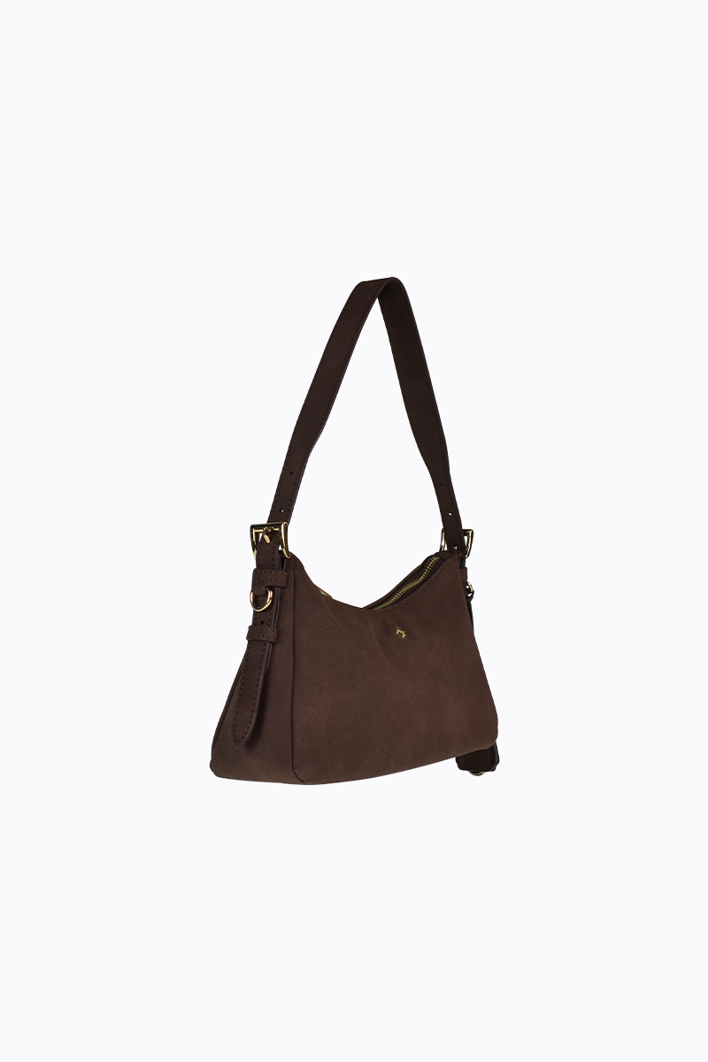 PETA + JAIN - Brody Shoulder Bag in Choc Suede/Gold
