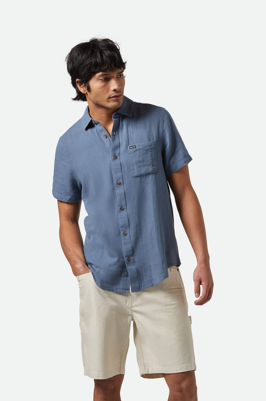 Brixton - Charter Organic Cotton Linen Blend S/S  Shirt in Azure Blue