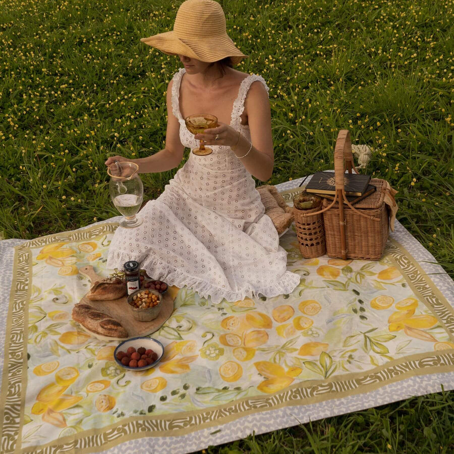 Wandering Folk - Le lemon Picnic Rug in Olive