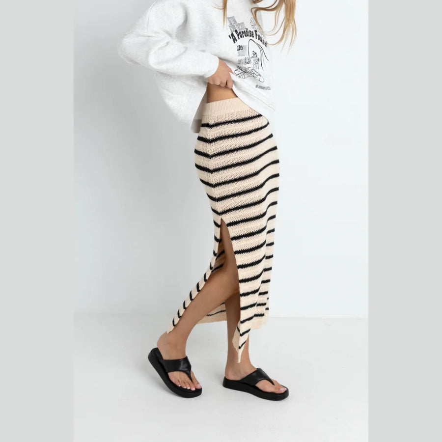 Rhythm - Highline Stripe Knit Midi Skirt in Vintage White