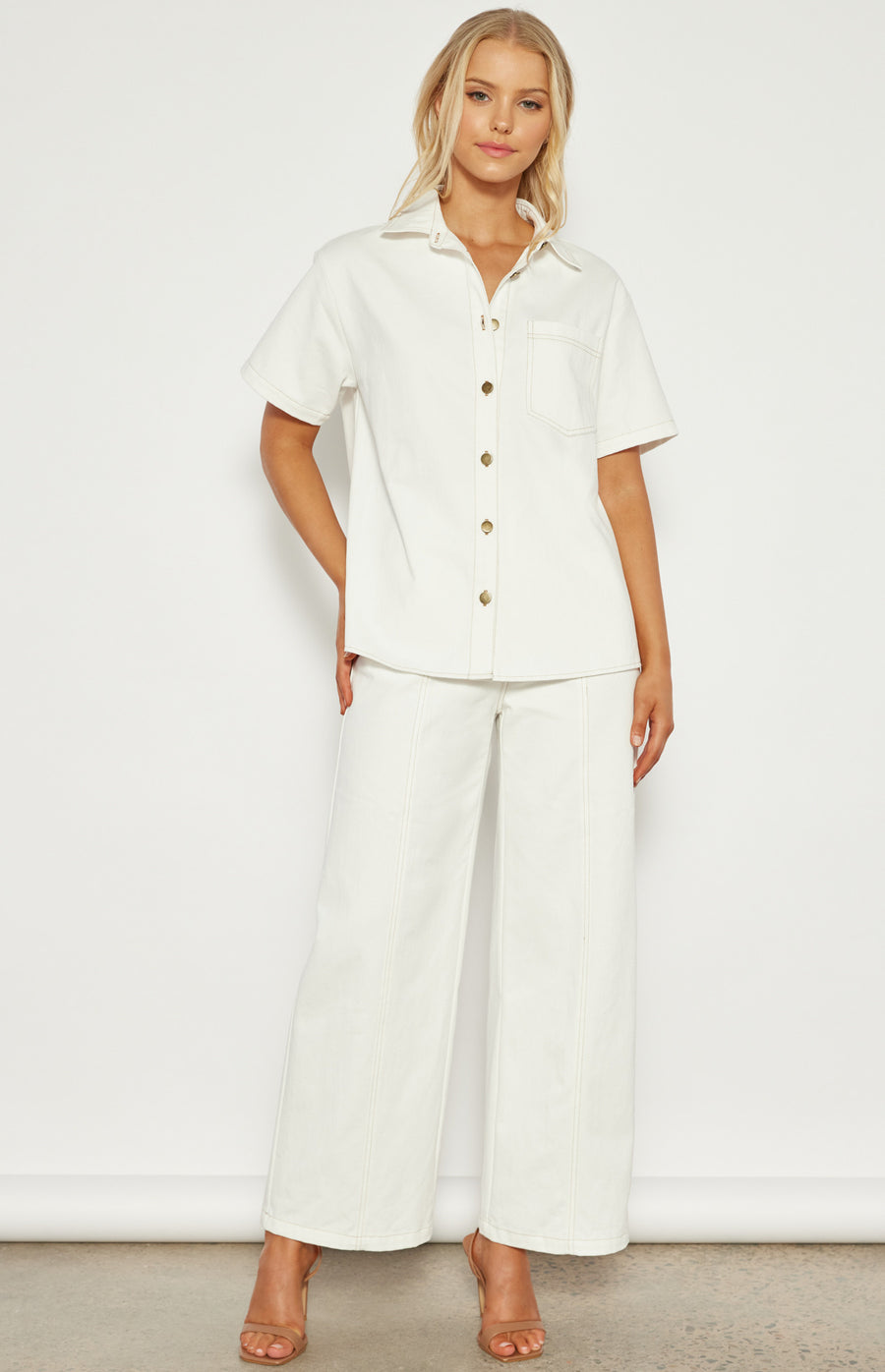 W&C - Cotton Wide Leg Pant with Contrast Stitching